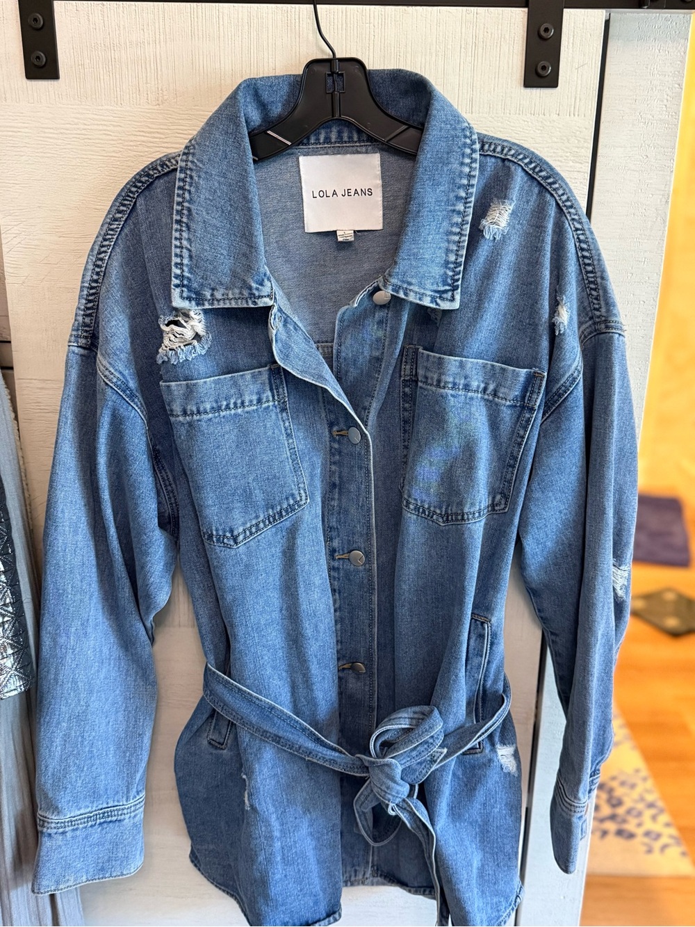 Lola Jeans Women's Distressed Belted Denim Jacket - Blue